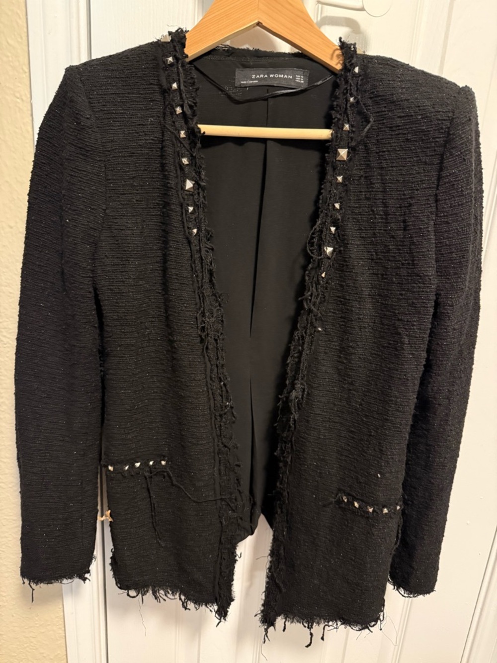 Zara Woman Black Textured Tweed Blazer Jacket with Frayed Trim
